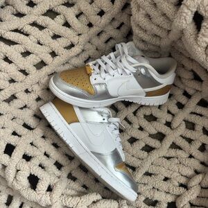 Nike Dunk Heirloom Low Top Sneakers in White, Metallic Silver & Gold
